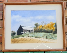 WATERCOLOR PAINTNG OF A BARN WITH WHITE ROOF BY EILEEN KITCHENS classic mural painting