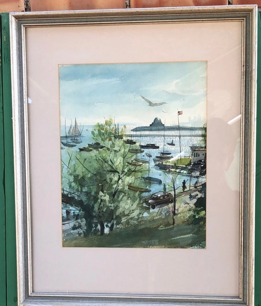 WATERCOLOR PANTING OF THE CHICAGO WATERFRONT SIGNED SCHRIPE classic mural painting