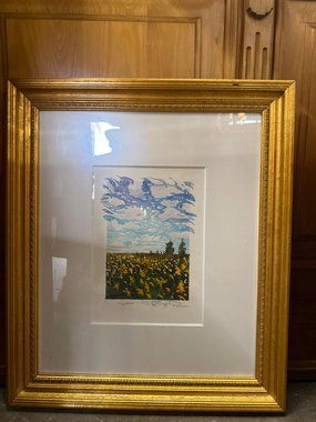 WATERCOLOR VERITCAL PAINTING IN GOLD FRAME classic mural painting