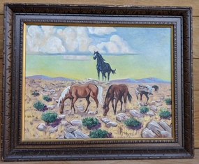 WESTERN OIL PAINTING OF HORSES AND WILD STALLION classic mural painting