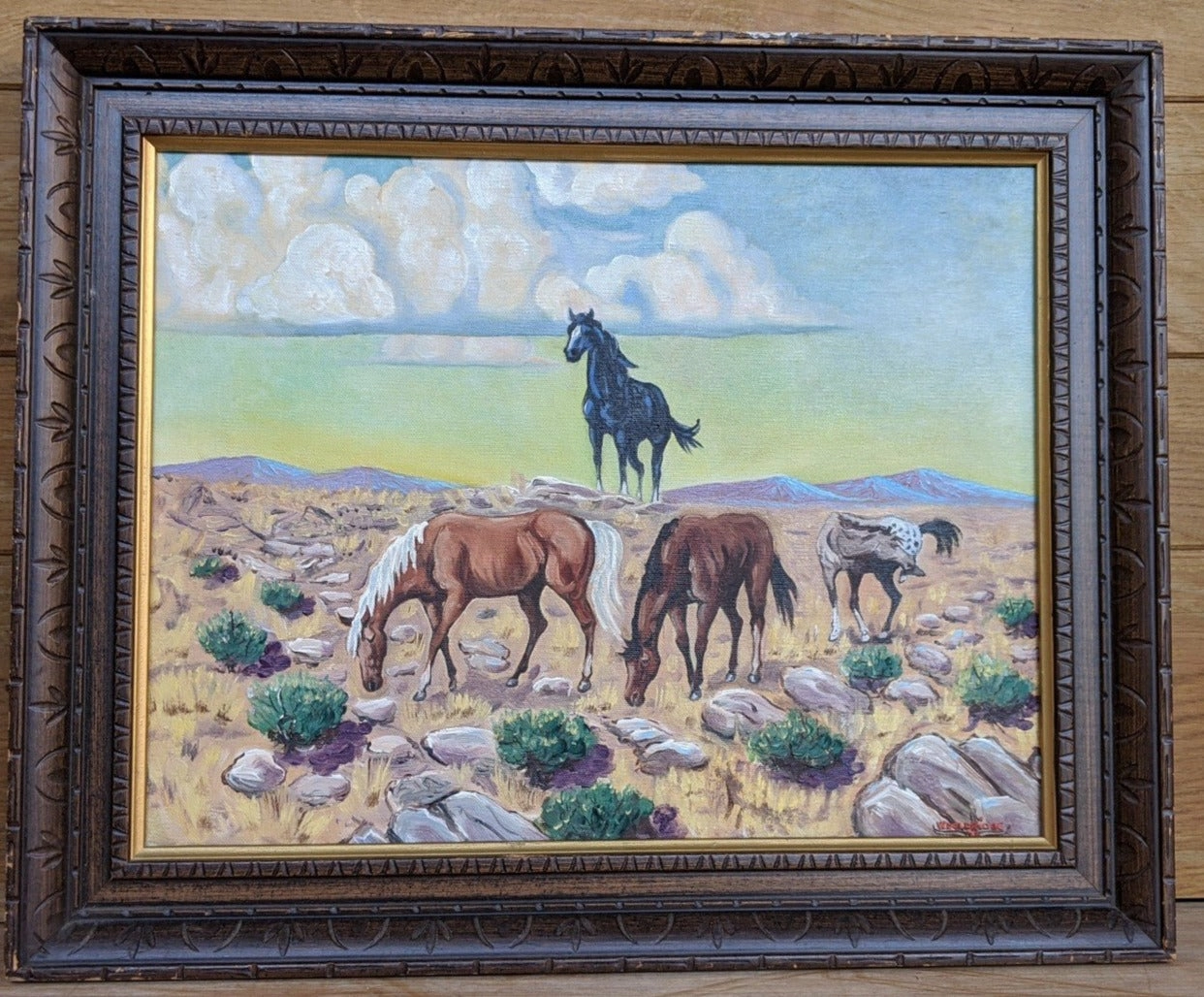 WESTERN OIL PAINTING OF HORSES AND WILD STALLION classic mural painting