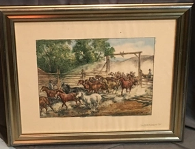 WESTERN WATERCOLOR LANDSCAPE WITH WILD HORSES-CATTLE RANCH #4 classic mural painting