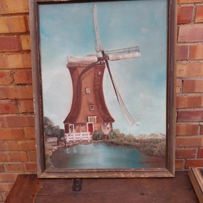 WHIMSICAL OIL PAINTING OF A WINDMILL classic mural painting