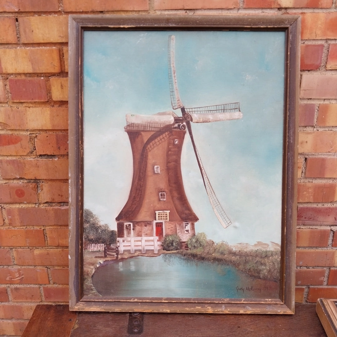 WHIMSICAL OIL PAINTING OF A WINDMILL