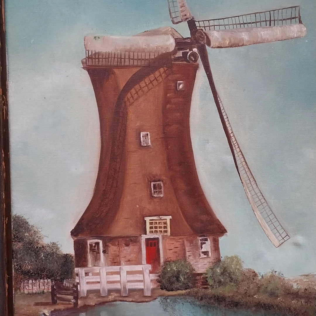 WHIMSICAL OIL PAINTING OF A WINDMILL