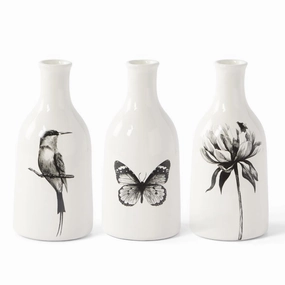 White Ceramic Bottle w/Black Bird, Butterfly or Flower Decor (Asst) interior room decor