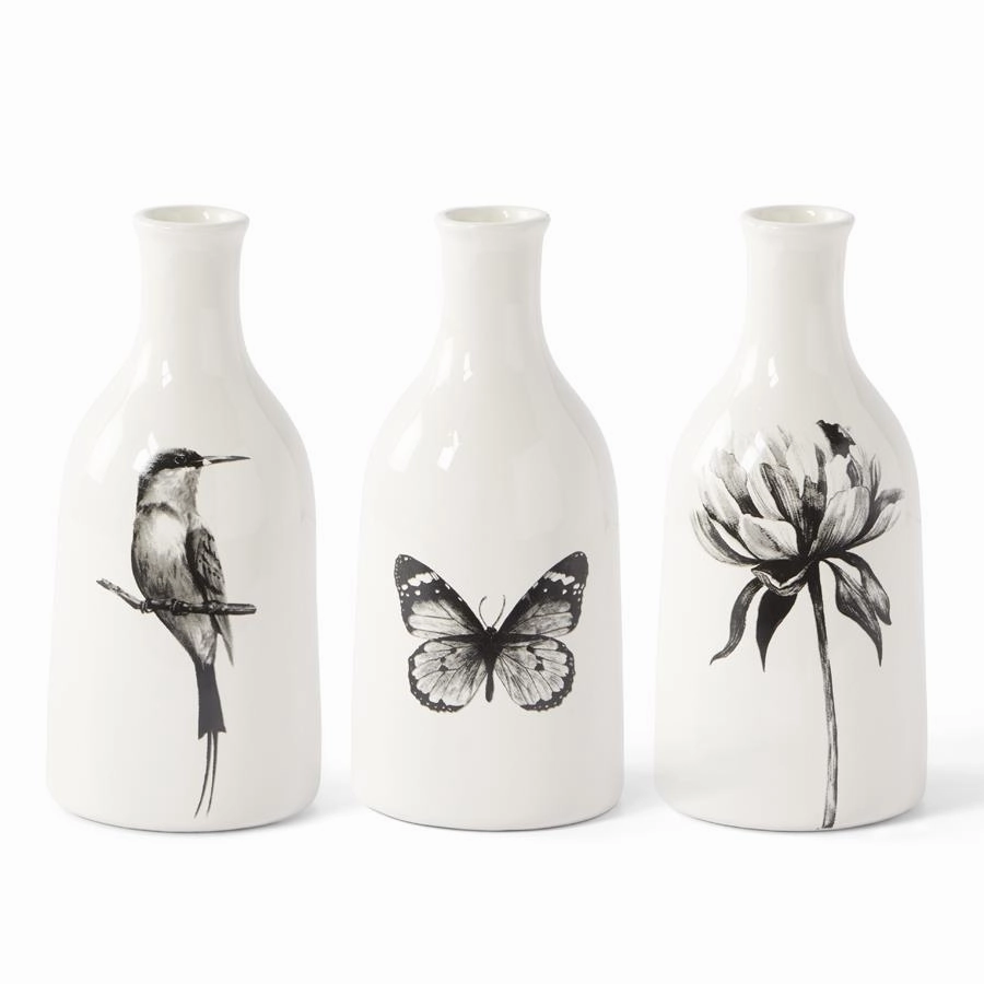 White Ceramic Bottle w/Black Bird, Butterfly or Flower Decor (Asst) interior room decor