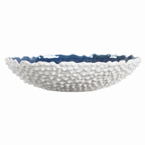 White Ceramic Textured Bowl With Glazed Blue Interior home display ornament