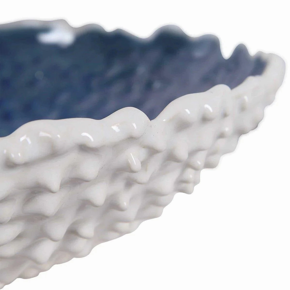 White Ceramic Textured Bowl With Glazed Blue Interior