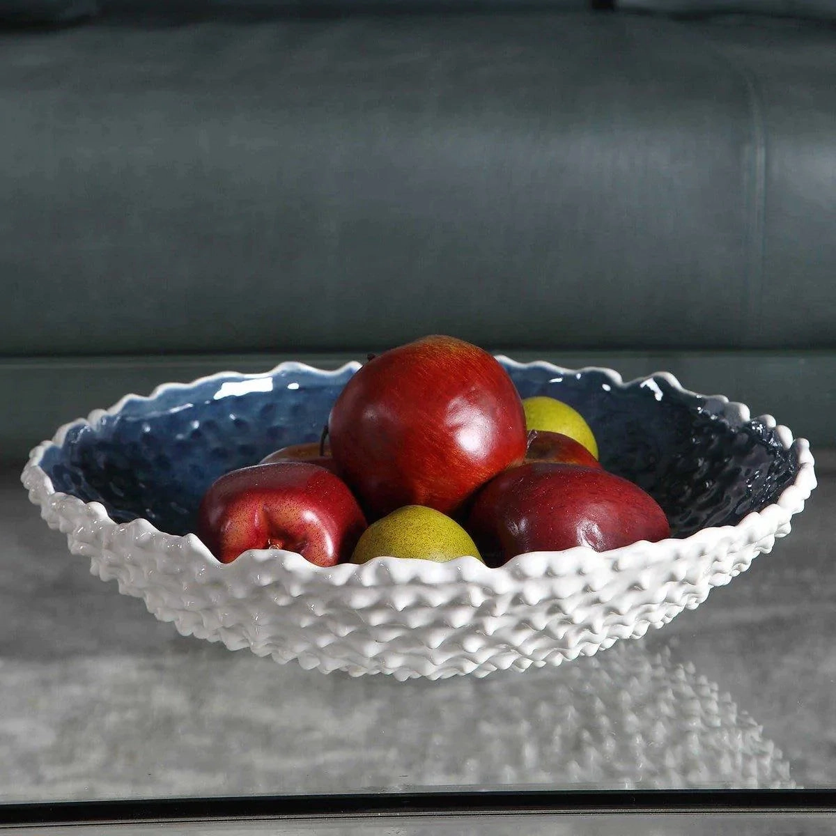 White Ceramic Textured Bowl With Glazed Blue Interior