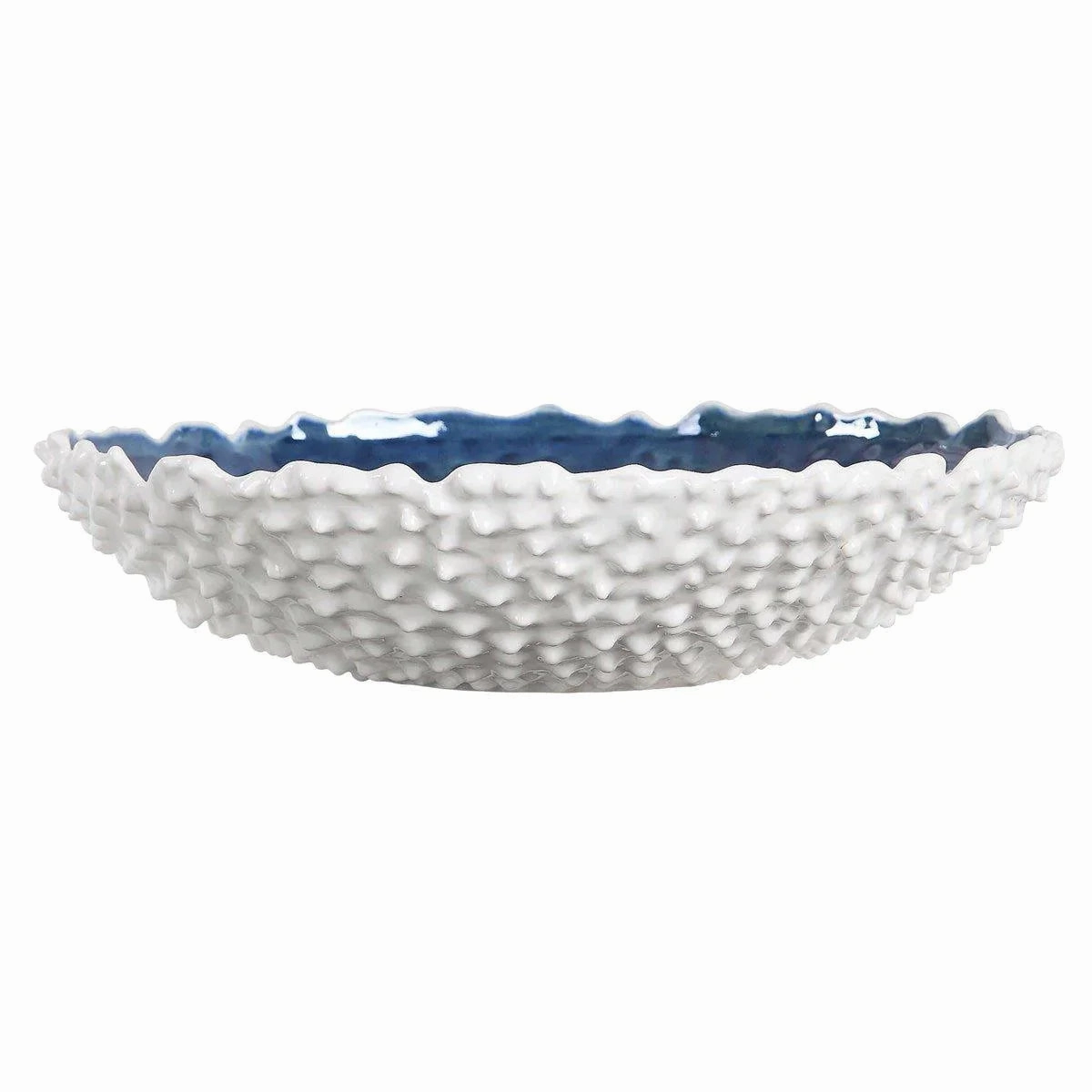 White Ceramic Textured Bowl With Glazed Blue Interior home display ornament