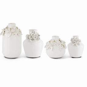 White  Ceramic Vases w/Raised Flowers Multiple Sizes interior room decor