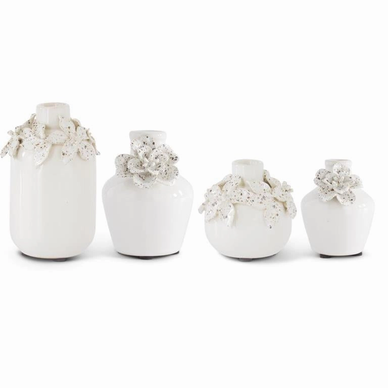 White  Ceramic Vases w/Raised Flowers Multiple Sizes interior room decor