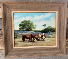 WHITE FACED HEREFORD COWS IN FIELD OF BLUEBONNETS PAINTING SIGNED BY CYNTHIA BRYANT classic mural painting