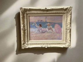 WHITE FRAMED SMALL PASTEL BEACH PAINTING classic mural painting