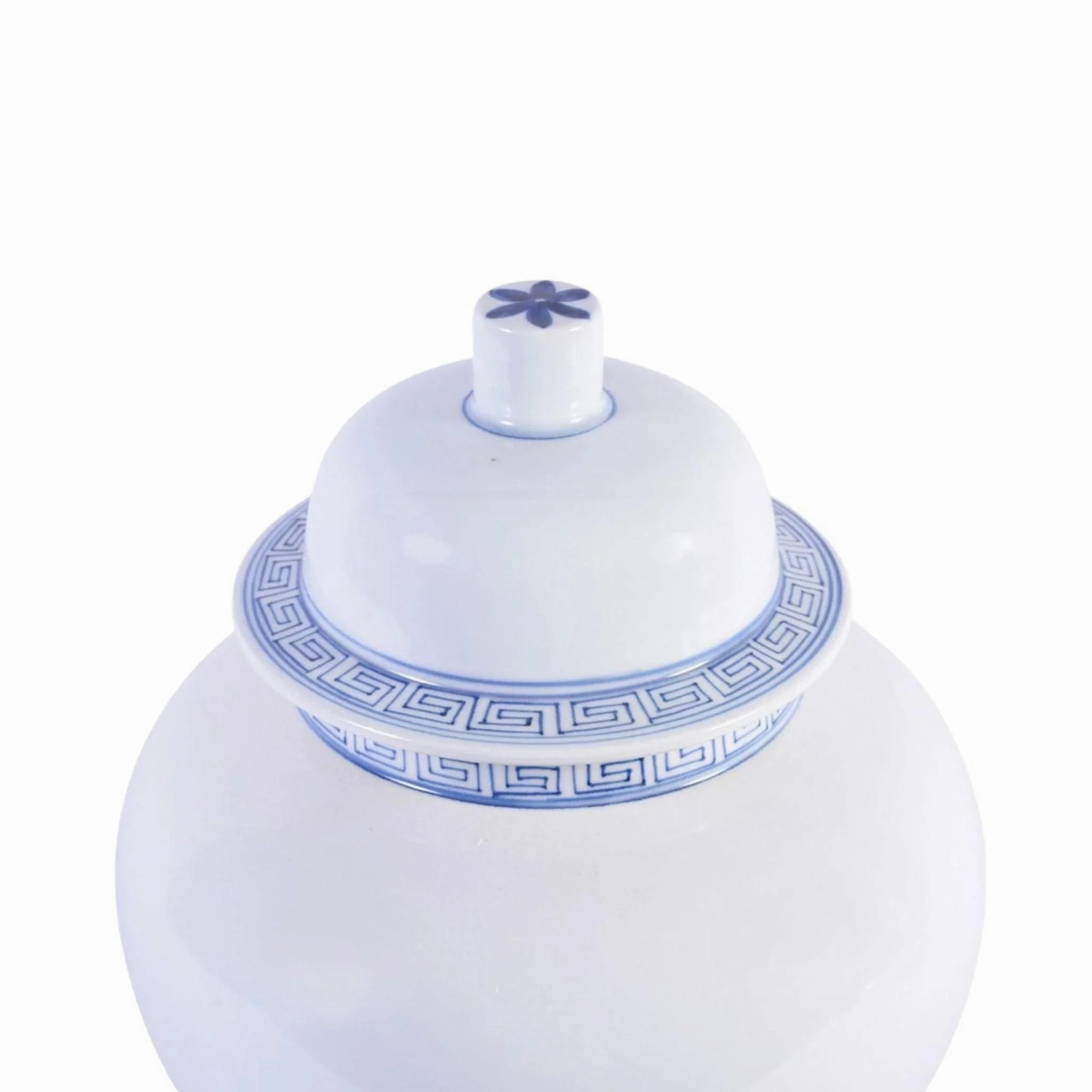 White Porcelain Temple Jar With Blue Greek Key Trim