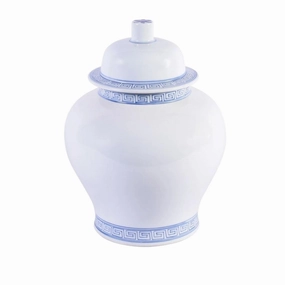 White Porcelain Temple Jar With Blue Greek Key Trim home display ornament