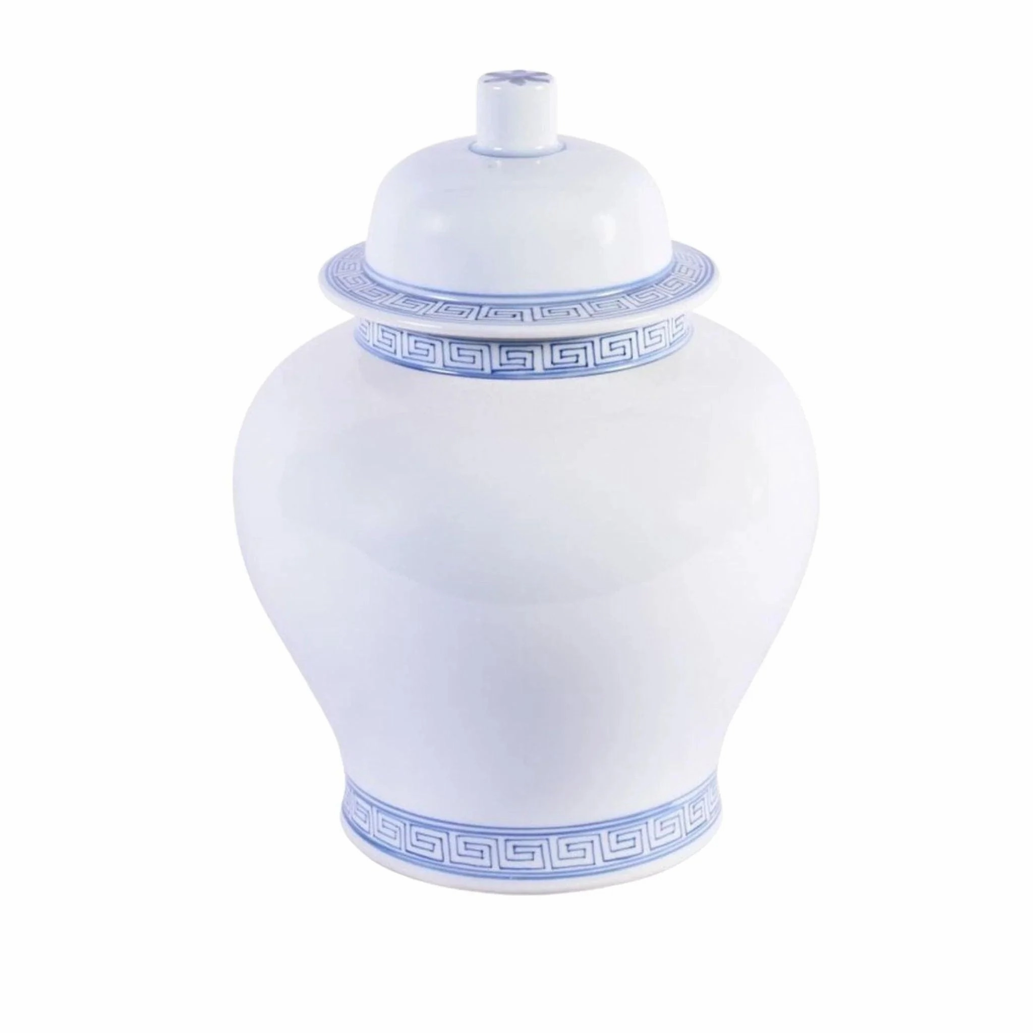 White Porcelain Temple Jar With Blue Greek Key Trim home display ornament