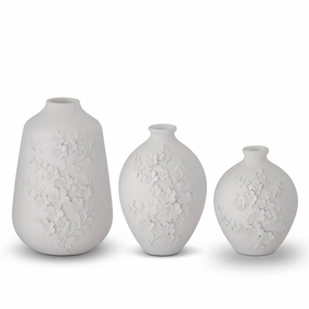 White Resin Floral Embossed Vases ( Multiple Sizes ) interior room decor