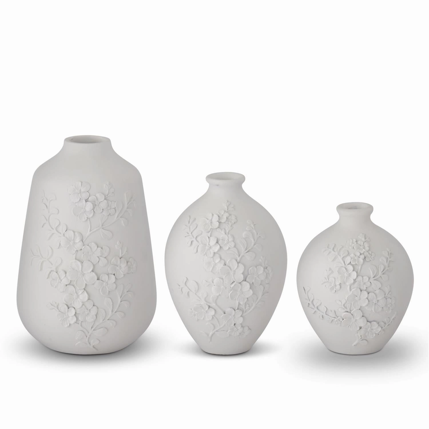 White Resin Floral Embossed Vases ( Multiple Sizes ) interior room decor