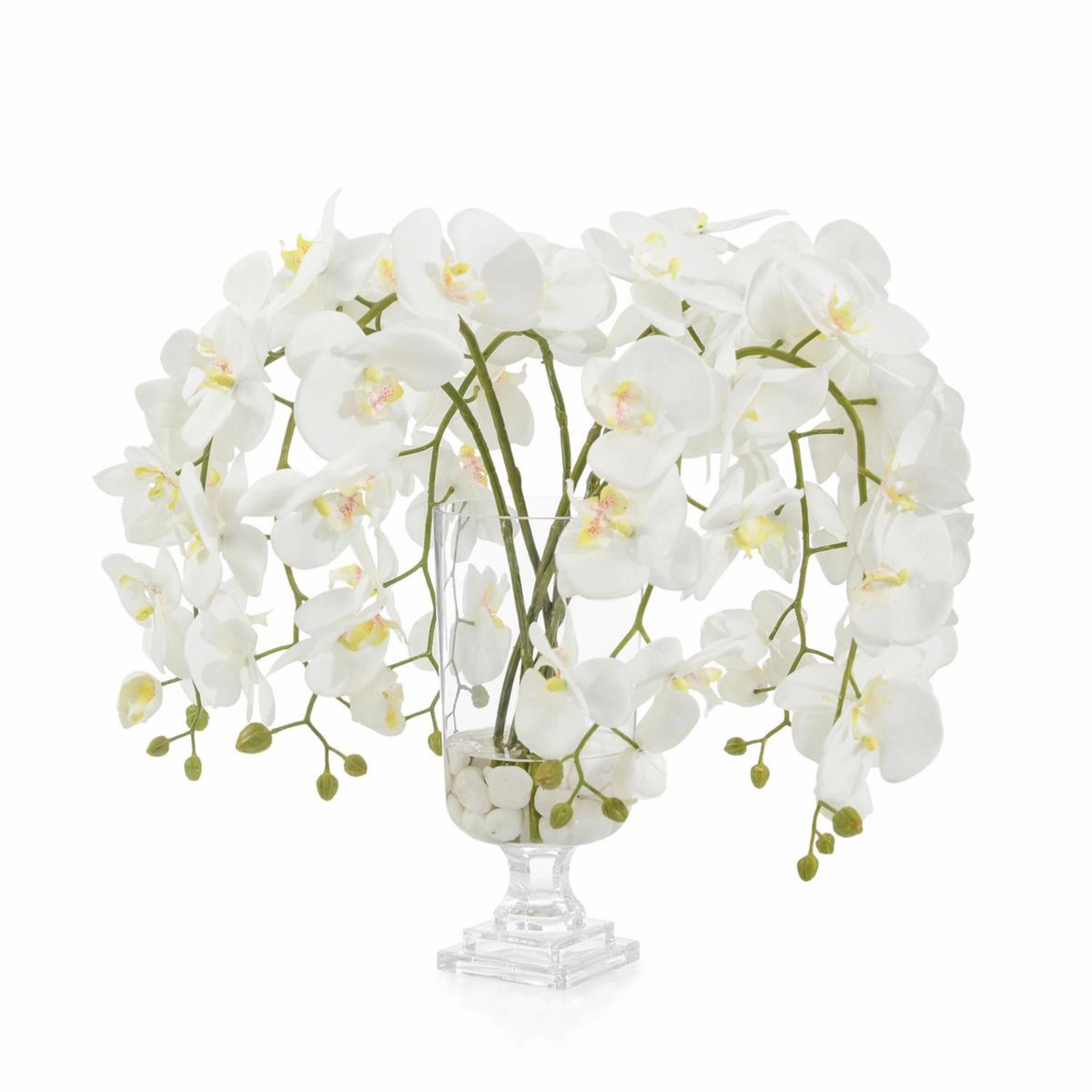 White Umbrella Faux Orchids in Glass Pedestal Vase home display ornament