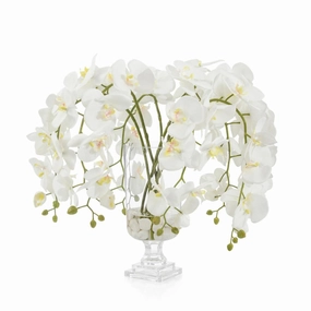 White Umbrella Faux Orchids in Glass Pedestal Vase home display ornament