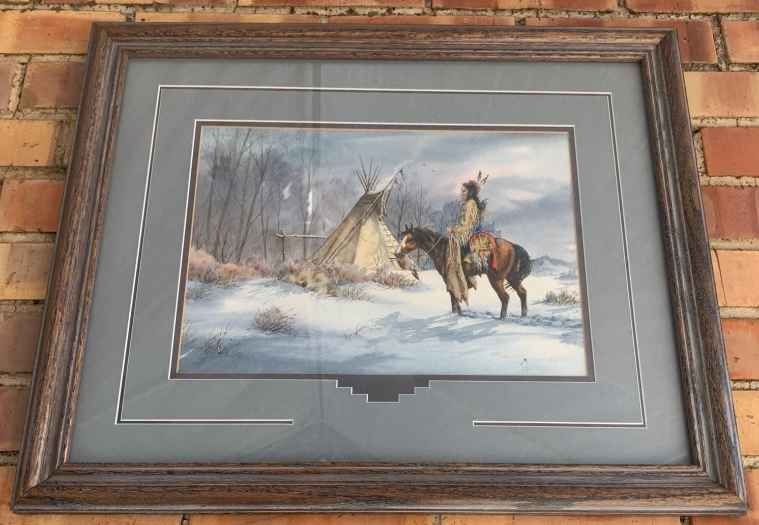 WINTER INDIAN SCENE WATERCOLOR PAINTING BY SELFRIDGE classic mural painting