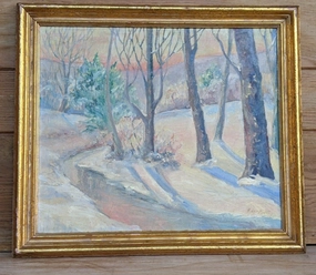 WINTER LANDSCAPE OIL PAINTING OF TREES ALONG A CREEK classic mural painting
