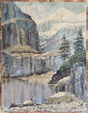 WINTER MOUNTAIN CLIFFS OIL PAINTING ON BOARD BY R. BERGMAN classic mural painting