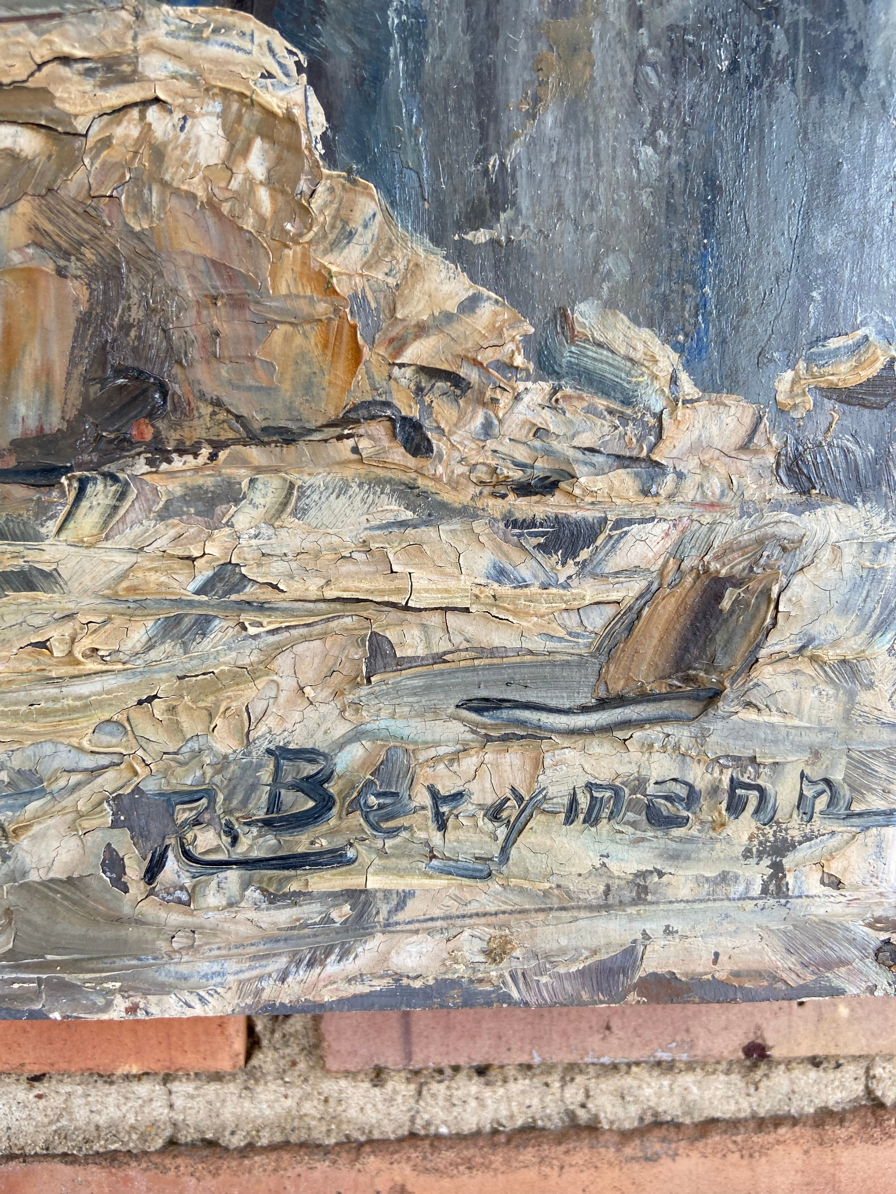 WINTER MOUNTAIN CLIFFS OIL PAINTING ON BOARD BY R. BERGMAN