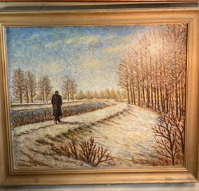 WINTER RIVER SCENE OIL PAINTING WITH MAN classic mural painting
