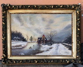 WINTER SCENE OIL PAINTING OF FROZEN RIVER WITH PEOPLE classic mural painting