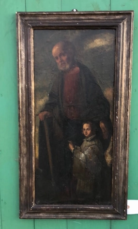 WOOD FRAMED VERTICAL OIL PAINTING ON BOARD 18TH CENTURY SAINT WITH BOY classic mural painting