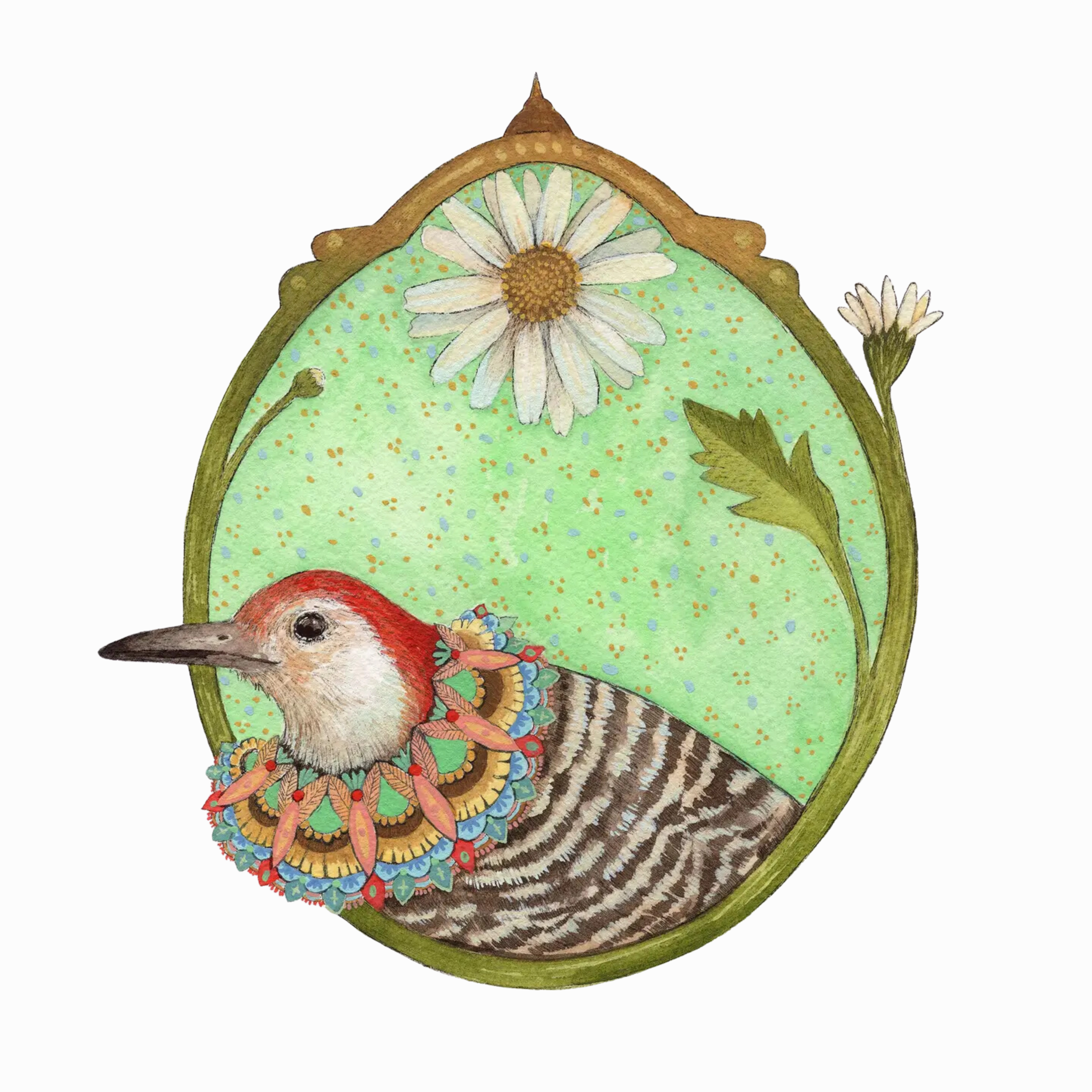 Woodpecker of Daisies Art Print framed wall decor